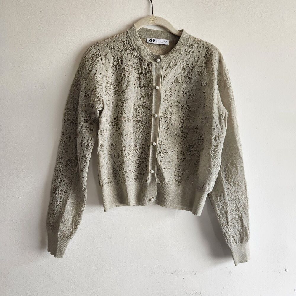 Zara Silver Jacquard Knit Cardigan Metallic Thread ecru faux pearls Sz M preppy